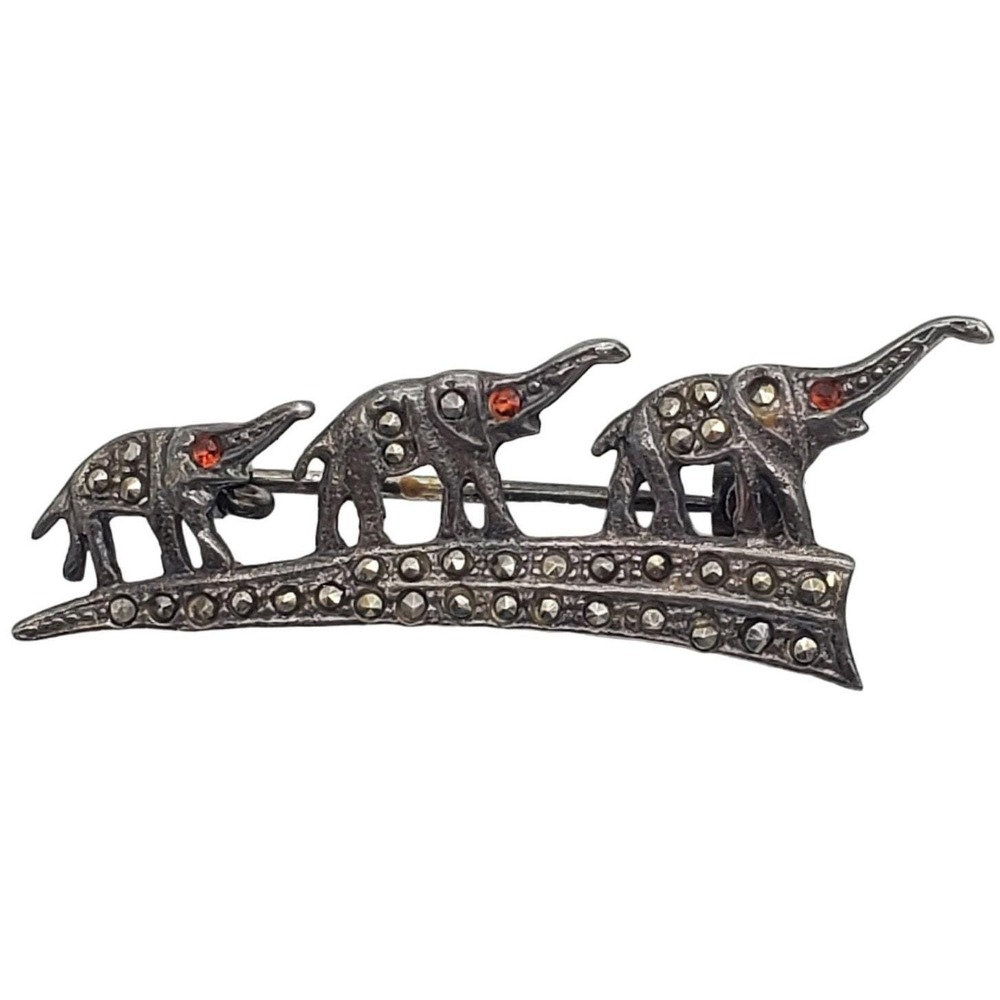 Sterling Silver Marcasite Elephants Parade Brooch Red Eye Animal 925 Pin Vintage